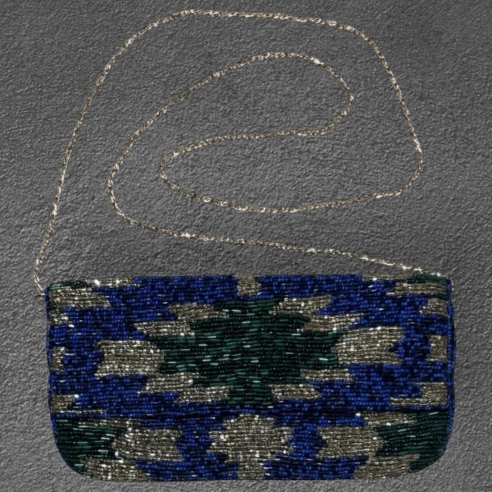 Vintage Beaded Clutch Crossbody Purse Formal Bag Blue Green Metallic Silver - Picture 2 of 16